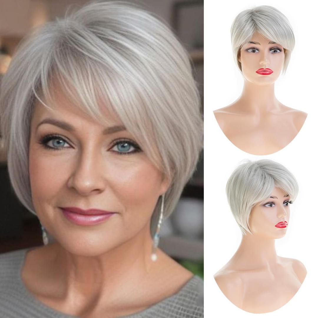 Sallcks Short Grey Wigs for Women Layered Natural Synthetic Heat Resistant Halloween Cosplay Costume Wig