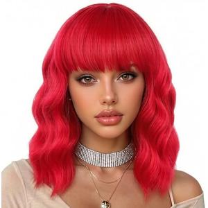 Enilecor Red and Pink Wig for Women,Short Curly Wavy Curly Bob Wig with Bangs,14" Natural Synthetic Colored Party Costume Cosplay Halloween Wigs
