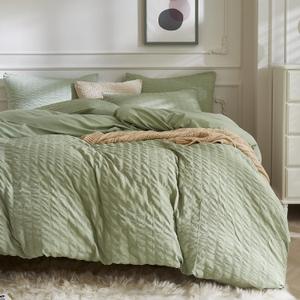 JELLYMONI Light Green Duvet Cover Queen Size, 3pcs Washed Microfiber Bedding Set, Soft Breathable Seersucker Duvet Cover Set with Zipper Closure and Corner Ties for All Seasons