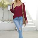 AISEW Womens Long/Short Sleeve V Neck T-Shirt Striped Sheer Mesh Raglan Tees Loose Casual Tops (Red, XL)