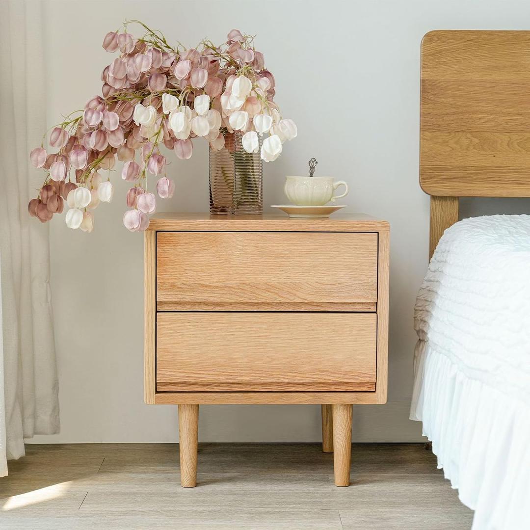 Night Stand, Mid Century Modern Nightstand w/2 Drawers, Boho Small Bedside Table, Oak Solid Wood, 17.72 W x 15.75 D x 19.69 H Inches (Natural, Double Drawer)