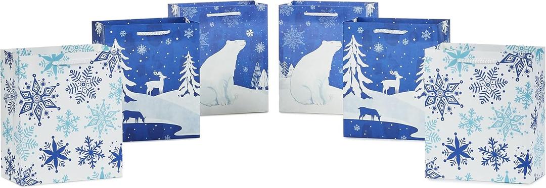 Hallmark 6" Christmas Gift Bags (6 Small Bags: Blue and White, Polar Bear, Snowflakes, Reindeer and Trees) for Holiday Parties, Gift Cards, Teacher Presents, Party Favors (138)