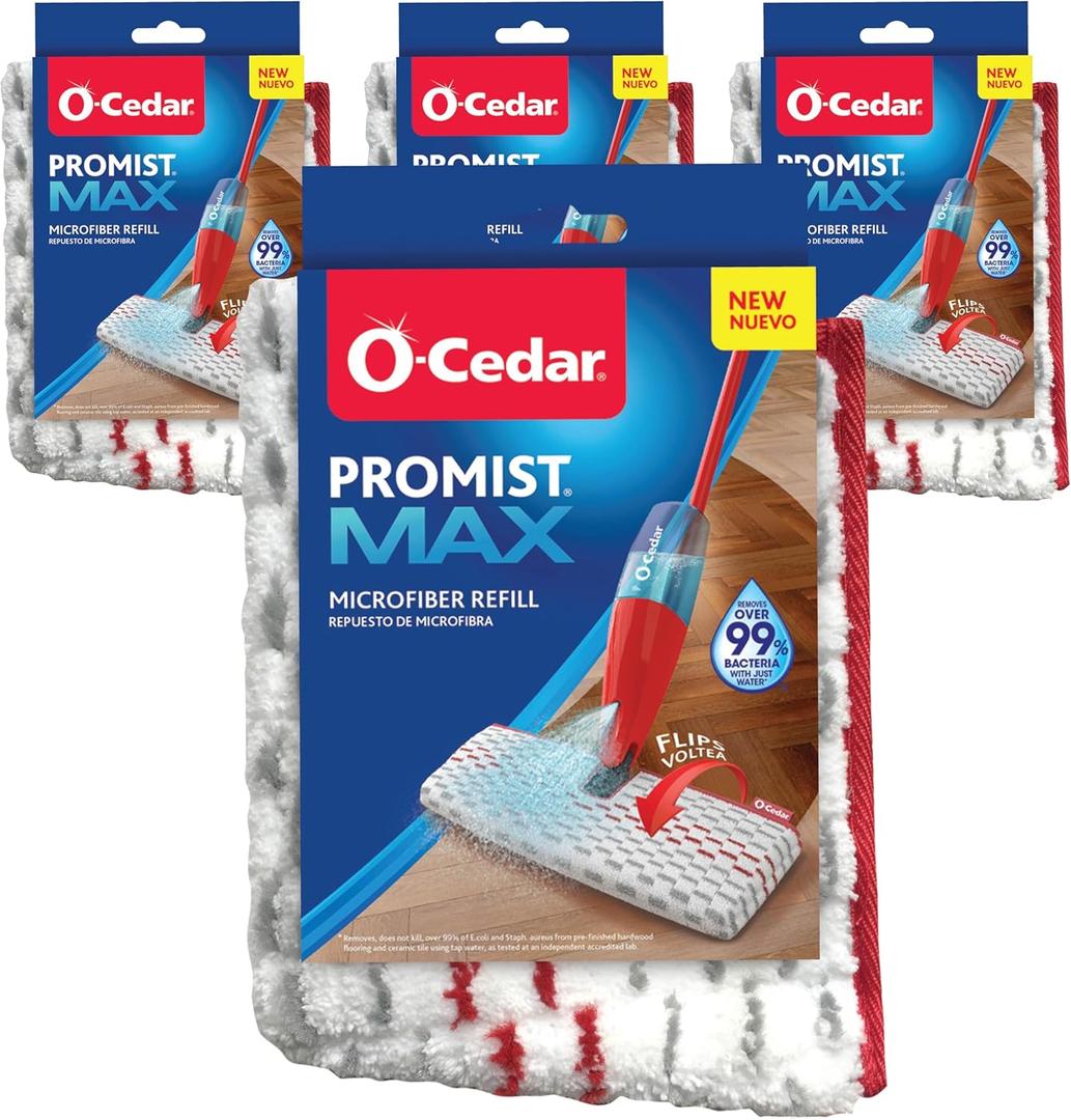 O-Cedar ProMist MAX Spray Mop Head Replacement (Pack of 4) | Machine Washable | Reusable | Microfiber Refill | Removes 99% of Bacteria