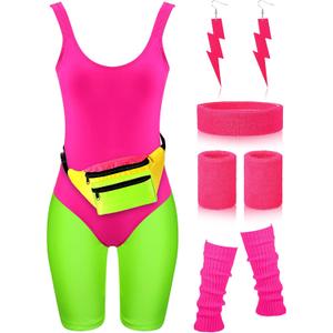 Women 80s Workout Costume Outfit Accessories Set Leggings Headband Wristbands Fanny Leg Warmers Earrings for Party (Medium, Multicolored)