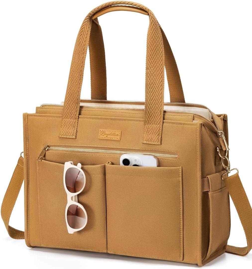 Canvas Tote Bag for Women, 15-Pockets Work Laptop Tote Purse Large Crossbody Nurse Teacher Bible Bag for School Travel Daily | with Strap & Zipper, Multi Compartment, Stand Upright Stably, College Shoulder Bag, Clinical Nursing Bag, Ideal Gift for Women (L8.new Brown)