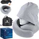 Travel Pillow - Hooded Neck Pillow Airplane Memory Foam Filling for Plane, Cars Sleeping, Road Trip, Long Flights, Airplane Travel Essentials, Includes Eye Mask & Earplugs (Light Gray)