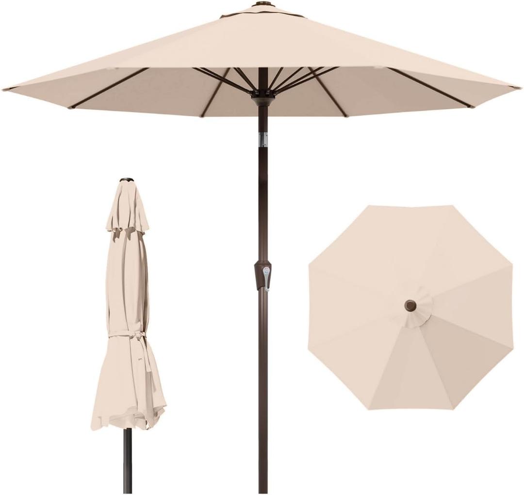 10FT Patio Umbrella Outdoor Market Umbrella with Crank and Tilt, 8 Flexible Fiberglass Ribs, UV-Resistant Waterproof Canopy for Patio, Deck, Garden, Backyard, Beige