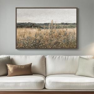 Framed Vintage Landscape Canvas Wall Art for Living Room Bedroom - Large Rustic Modern Farmhouse Meadow with Flowers Picture, Cottagecore Nature Art Decor for Dining Hallway Office, 24x36 Inch
