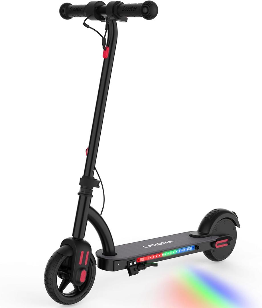 Caroma E6 Kids Electric Scooter, 150W Foldable Electric Scooter with 3 Speeds (5/8/10 Mph), LED Display & Colorful Lights, Dual Braking System E Scooter for Kids Aged 6-12&8-12, Black