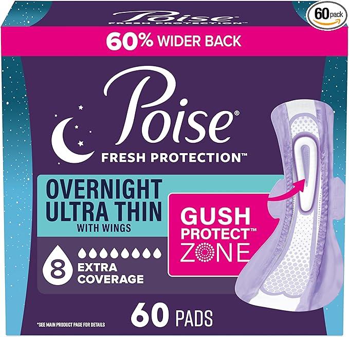 Poise Overnight Ultra Thin Incontinence & Postpartum Pads with Wings for Bladder Leaks, 8 Drop Extra Absorbent, Long Length, 60 Count (3 Packs of 20)