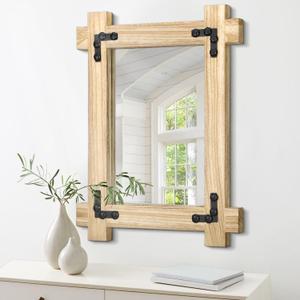 Rectangle Hanging Wall Mirror Farmhouse Wood Mirror with Frame Rustic Mirror for Wall Decorative for Bathroom Living Room Vanity Bedroom Vintage Wall Decor White Large 26"x18" (Natural)