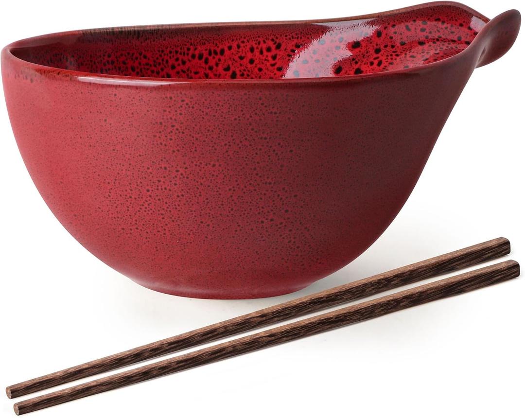 Artena Ramen Bowl with Chopsticks, 42oz Ceramic Noodle Bowl, Large Soup Bowl, Pasta Bowl Set, Big Salad Bowl, Deep Pho Bowl for Dumplings, Cereal, Rice, Dishwasher Microwave Safe, Gourd Design, Red