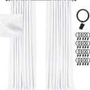 INOVADAY 100% Blackout Curtains for Bedroom, Black Out Curtains 90 Inch Long, Clip Rings Linen Blackout Drapes, Thermal Insulated Room Darkening for Living Room, 2 Panels - White,W50xL90
