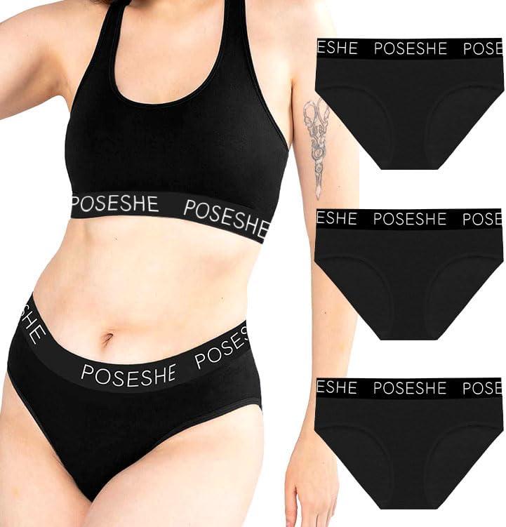 POSESHE Women's Micro-Modal Brief Underwear, Bikini Panties For Women Pack (All Black 3 Pack, L)