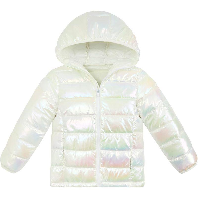 Lovekider Puffer Jacket for Girls Size 8 9 Colorful Down-alternative Coat with Pockets Packable Warm Pink Hooded Outerwear Fashion Holographic Jacket for Kids School and Sports, Zipper Is Missing