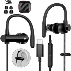 Wired USB Type C Earbuds Over Ear Cord USB C Headphones with Microphone Volume Control for iPhone 17 16 Pro 15/iPad 10th for Galaxy S25 S21 Pixel 10 Earphones School Student Sport C Plug Headset Black