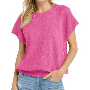 Saodimallsu Womens Short Sleeve Sweater Tops Crew Neck Lightweight Knit Casual Loose Fit Summer Basic T Shirts (Large, Pink)