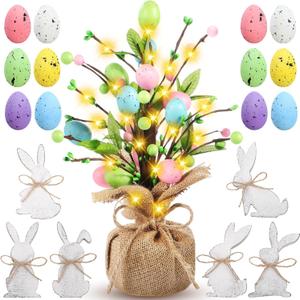 Easter Decor Include 12 Inch Easter Egg Tabletop Tree with Warm Light String 6 Bunny Wooden Signs and 12 Decorative Speckled Eggs for Table Decorations