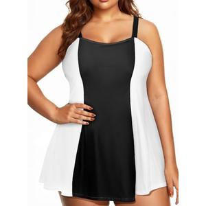 Aleumdr Women's Plus Size One Piece Swimsuit Tummy Control One Piece Bathing Suit with Skirt Vintage Swimdress with Pockets (XX-Large, Color Black-white)