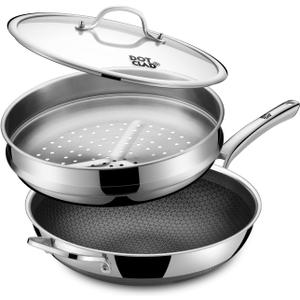 DOTCLAD 13 Inch Hybrid Stainless Steel Wok with Lid and Steamer Basket, Non Stick Stir Fry Pan, PFOA-Free, Works on Induction, Dishwasher & Oven Safe