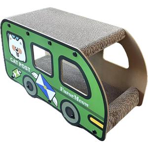 Cat Scratching House, Green Bus, Long Strong Sterdy 2 Story Cardboard Cat House Indoor with Scratching Board for Small & Medium Cats, 9x11.8x22 Inch, Cat Tunnel, Peekaboo Hideaway