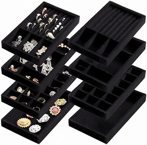 Elsjoy 4 Pack 4 Styles Velvet Jewelry Tray, 8" x 5" Jewelry Organizer Tray Stackable Jewelry Storage Tray, Drawer Jewelry Tray for Rings, Earrings, Necklace, Bracelet, Black