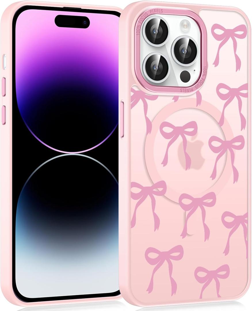 Pink Cute Bow Phone Case for iPhone 16 Pro 6.3", Compatible with MagSafe, Ribbon Bowknot Pattern Print Design Magnetic Case for Women Girls Soft TPU Hard PC Back Shockproof Funda Cover