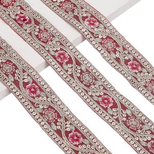 AHANDMAKER 10 Yards Indian Red Jacquard Ribbon Trim, 1.57 inch Wide Embroidery Sequins Ribbons Flower Pattern Woven Trim Ethnic Style Jacquard Ribbon Glitter Metallic Ribbon for DIY Sewing Home Decor