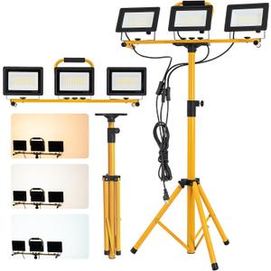 42000 Lumens Ultra Bright LED Work Light with Stand 3-Head Independent Switches Dimmable Flood Light IP66 Waterproof with 16FT Power Cable for Large Outdoor Jobsite Construction Farm