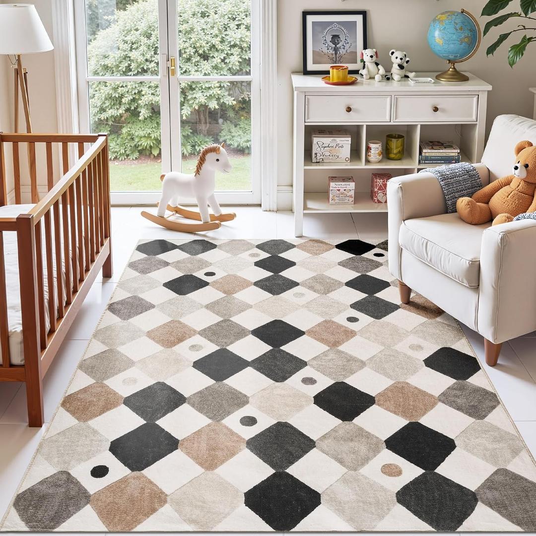 jinchan Macy 5x7 Area Rug for Kids Room Black and White Modern Colorful Checkered Diamond Nursery Rug Indoor Washable Soft Non Slip Carpet for Playroom Classroom Bedroom Living Room Marble on Cream