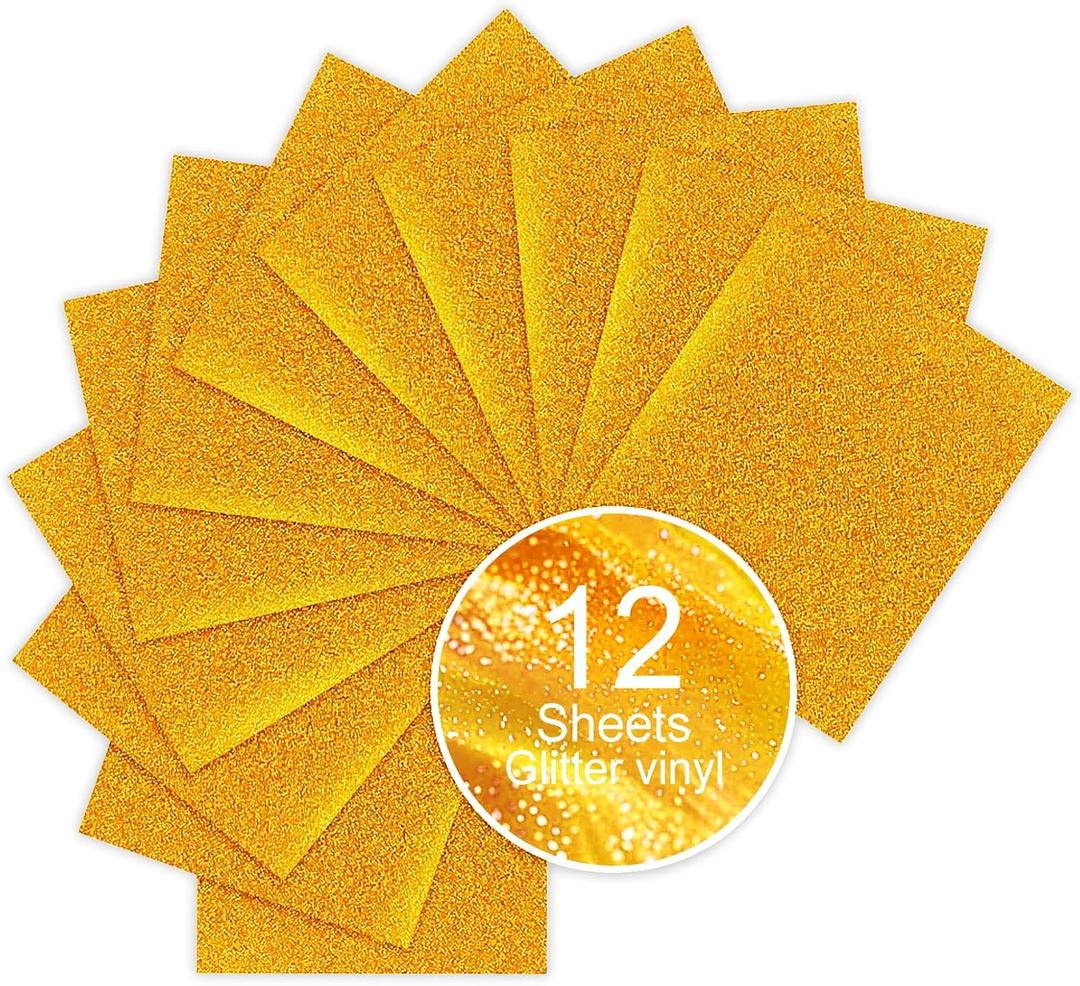 Gold Glitter HTV Sparkly Heat Transfer Vinyl  12 Pcs 12x10Inch Iron-On Vinyl Sheets for TShirts & DIY Craft Gifts, Easy to Cut & Weed, NoFlake & Washable, Work with All Cutter Machines