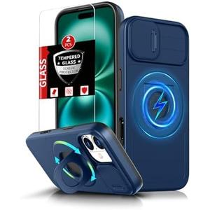 FRLMOOES for iPhone 16 Plus Case Magnetic Compatible with MagSafe Wireless Charging,with 2 Screen Protectors,with 360°Kickstand Ring+Camera Cover Anti-Scratch Shockproof Heavy Duty Protection Blue