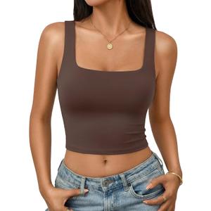 Avidlove Women's Square Neck Crop Top Double Lined Seamless Tank Fitted Basic Summer Cute Going Out Top (Large, Brown)