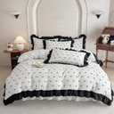 UGEYAO Ruffle Duvet Cover Full Size, Cute Bow Patterned Bedding, French Country Style for Bed Decor, 3PCS - 1 Full Duvet Cover 79x90 Inch and 2 Pillowcases, Elegant Floral - Black and White