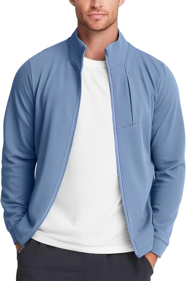 Mens Zip Up Jacket Mock Neck(Greyish Blue, XXL)