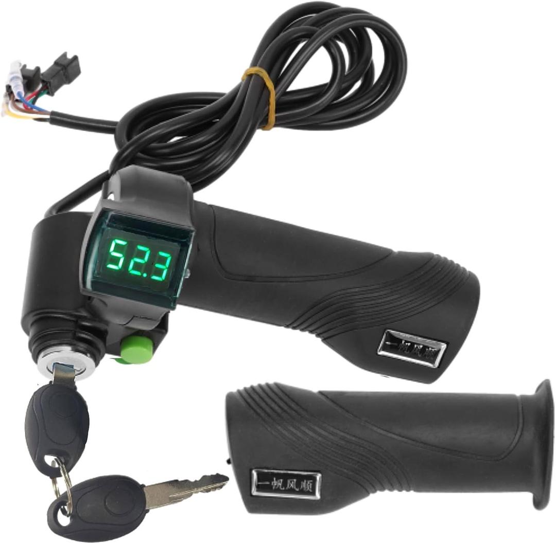 Bike Throttle Grip and Key Electric Bike Spare Parts 12V to 99V, 1 Pair Electric Bike Throttle Handlebar with Big Head Lock Blue Screen Bike Throttle Grip for Riding