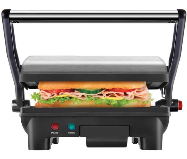 Chefman Electric Panini Press Grill and Gourmet Sandwich Maker w/ Non-Stick Coated Plates, Opens 180 Degrees to Fit Any Type or Size Food, Dishwasher Safe Removable Drip Tray, Stainless Steel/Black
