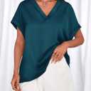 MASCOMODA Womens V Neck Silk Satin Tops Dressy Short Sleeve Work Blouses Spring Summer Loose T Shirts Business Casual Outfits (M)