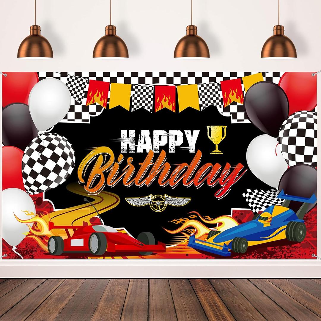 Car Racing Happy Birthday Backdrop, Large Cool Racing Car Theme Birthday Backdrop Banner with Long Rope Reusable Perfect Birthday Backdrop Banner Decorations Photo Props