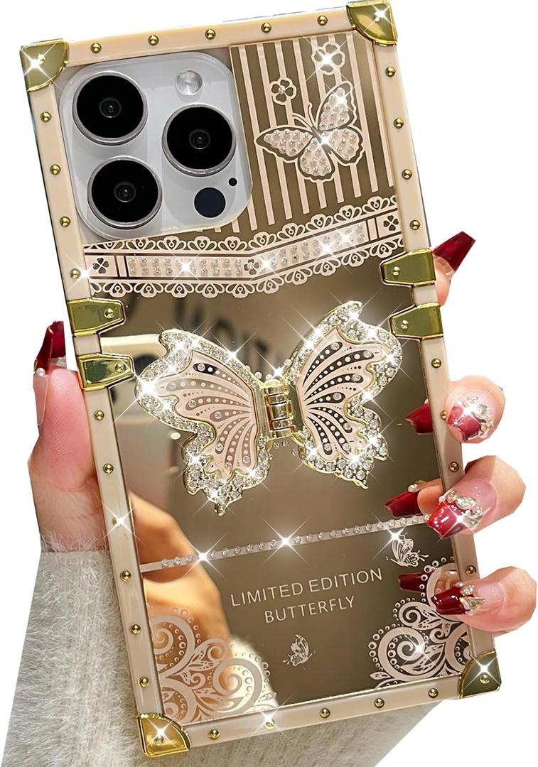 Changjia Glitter Kickstand Case for iPhone 16 Pro Max,Cute Luxury Bling Sparkly Butterfly with Foldable Stand Elegant Mirror Shockproof Protective Case for Women Girls for iPhone 16 Pro Max 6.9",White