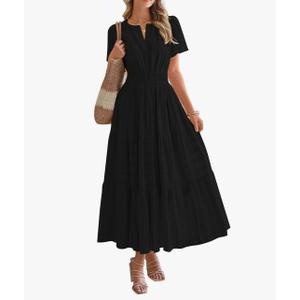 BTFBM Women's Summer 2025 Casual Midi Maxi Dresses Lightweight Short Sleeve V Neck Elastic Waist Boho Beach Dress Pockets, L