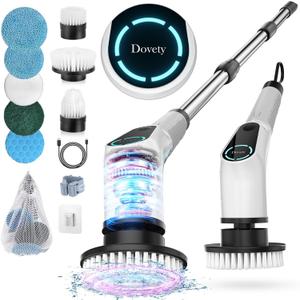 Electric Spin Scrubber, Cordless Cleaning Brush, Shower Scrubber with 8 Replaceable Brush Head, Power Cleaning Brush with Extension Handle, 2 Adjustable Speed, for Bathtub Grout Tile Floor (White)