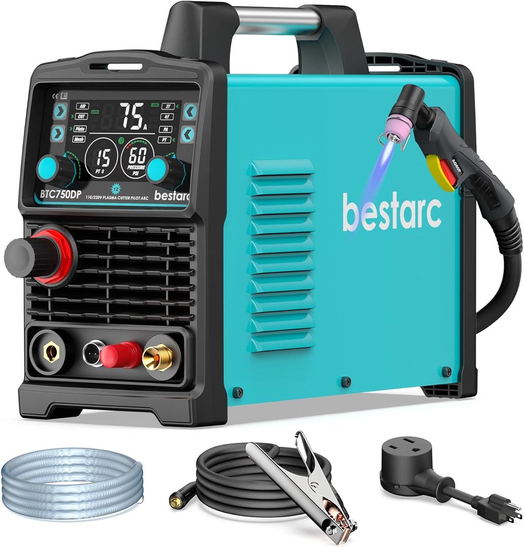 bestarc Pilot Arc Plasma Cutter, [Large LED Display][Air Sensor] 75A Plasma Cutter Machine 110/220V Dual Voltage, 1/2 Inch Clean Cut 1.2 Inch Max Cut, Post Flow Mesh, 2T/4T for Beginners DIY