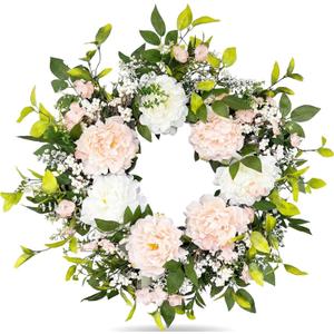 24 Inch Large Spring Wreath for Front Door, Summer Artificial Wreaths with Pink Peonies, Eucalyptus Leaves and Berries,Outdoor Wreath for Porch, Indoor Home Wall, Wedding, Mantel Dcor