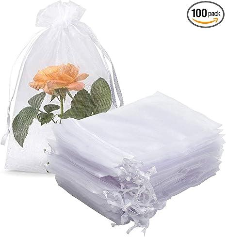 Organza Gift Bags Pack of 100 Drawstring 5x7 Inches White for Baby Shower,Girl Birthday,Party Favors,Wedding,Bridal Shower,Religious,Flat,Bulk Sheer Fabric Mesh Gauze Pouches for Jewelry,Candy