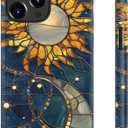 for iPhone 15 Pro Max Case Cute,Aesthetic Stained Glass Moon and Sun Blue Phone Case, Compatible with Magsafe, Trendy Cool Retro Western Protective Slim Silicone Phone Cover for Women Girls
