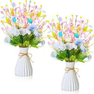 2 Set Easter Table Decorations Artificial Blue Flower Egg Rabbit Potted Table Centerpiece for Easter Spring Office Home Farmhouse Fireplace Wedding Party Decor(Tea Rose&Peony)