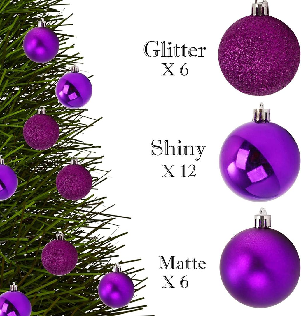 Emopeak 24Pcs Christmas Balls Ornaments for Xmas Tree - Shatterproof Hanging Balls for Holiday Wedding Party Decoration (Purple, 1.2"-3.1CM)