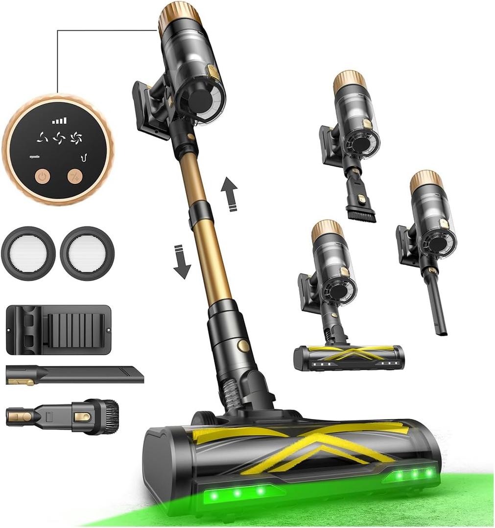 Ultenic Cordless Vacuum Cleaner, 600W 60KPA 65Mins Vacuum Cleaners for Home, Stick Vacuum Cordless with Touch Screen, Self-Standing, 180 Lay-Flat, Anti-Tangle Brush for All Floors/Pet Hair/Carpets (Champagne)