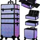 Stagiant Rolling Makeup Case Cosmetology Case on Wheels 4 in 1 Makeup Travel Case Extra Large Cosmetic Box with Key Make Up Artist Traveling Storage Nail Case Salon Barber Cart Trunk Shiny Purple